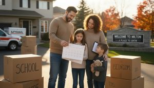 Family discussing moving plans outside a suburban Milton Ontario home with moving boxes and a Milton community sign in the background.