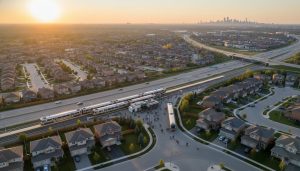 Aerial view of Milton with Milton GO train station, suburban homes, and Toronto skyline in the distance