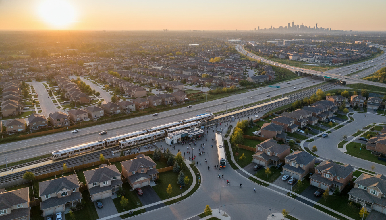 Aerial view of Milton with Milton GO train station, suburban homes, and Toronto skyline in the distance