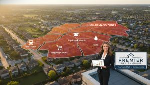 Aerial view of Milton neighborhoods with highlighted high-demand zones, transit icons, schools, and a realtor holding a tablet showing market charts.