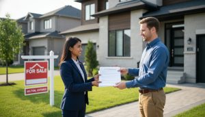 Real estate agent handing disclosure documents to homeowner outside a Milton, Ontario house with a For Sale sign