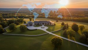 Aerial view of a luxury rural estate near Milton, Ontario at sunset with a faint world map overlay