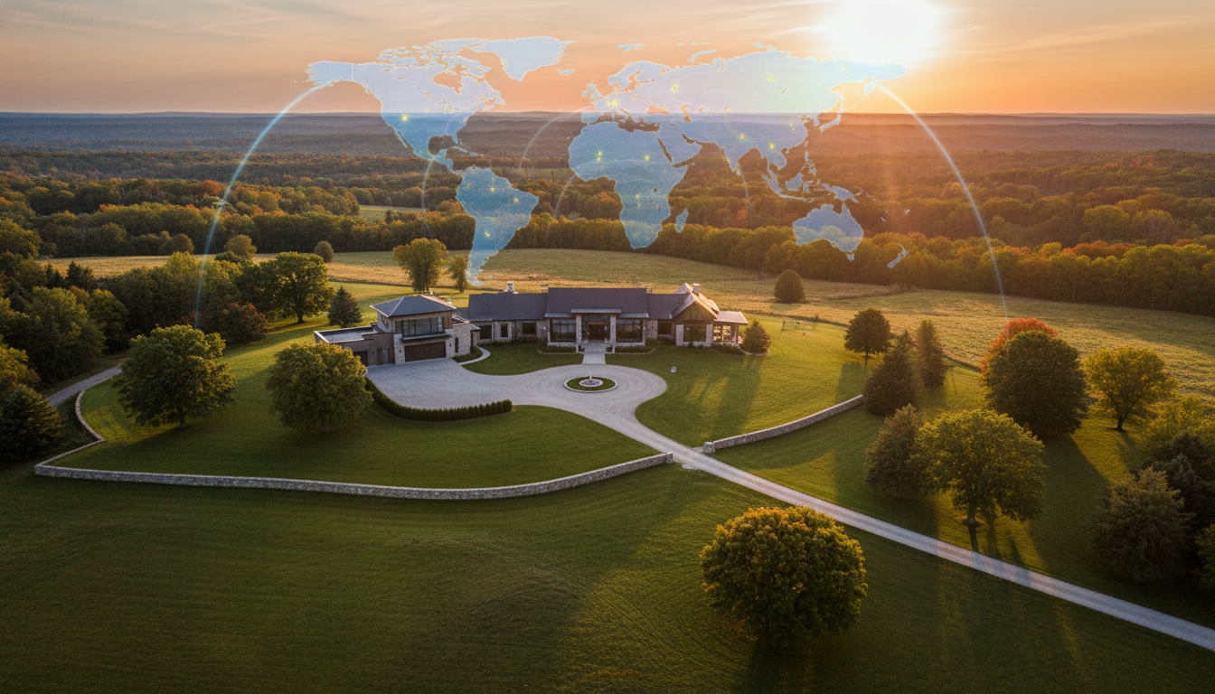 Aerial view of a luxury rural estate near Milton, Ontario at sunset with a faint world map overlay