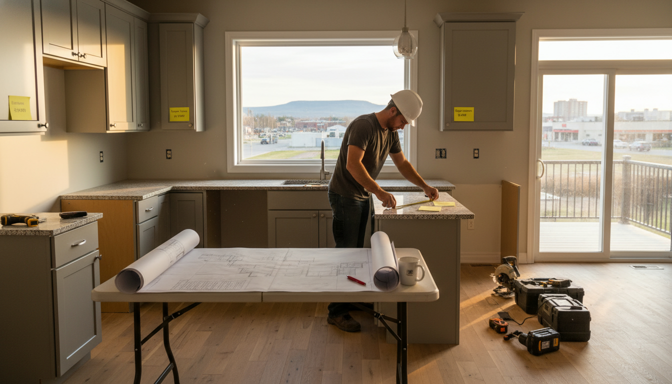 Milton home renovation scene with contractor, blueprint, and labeled cost notes