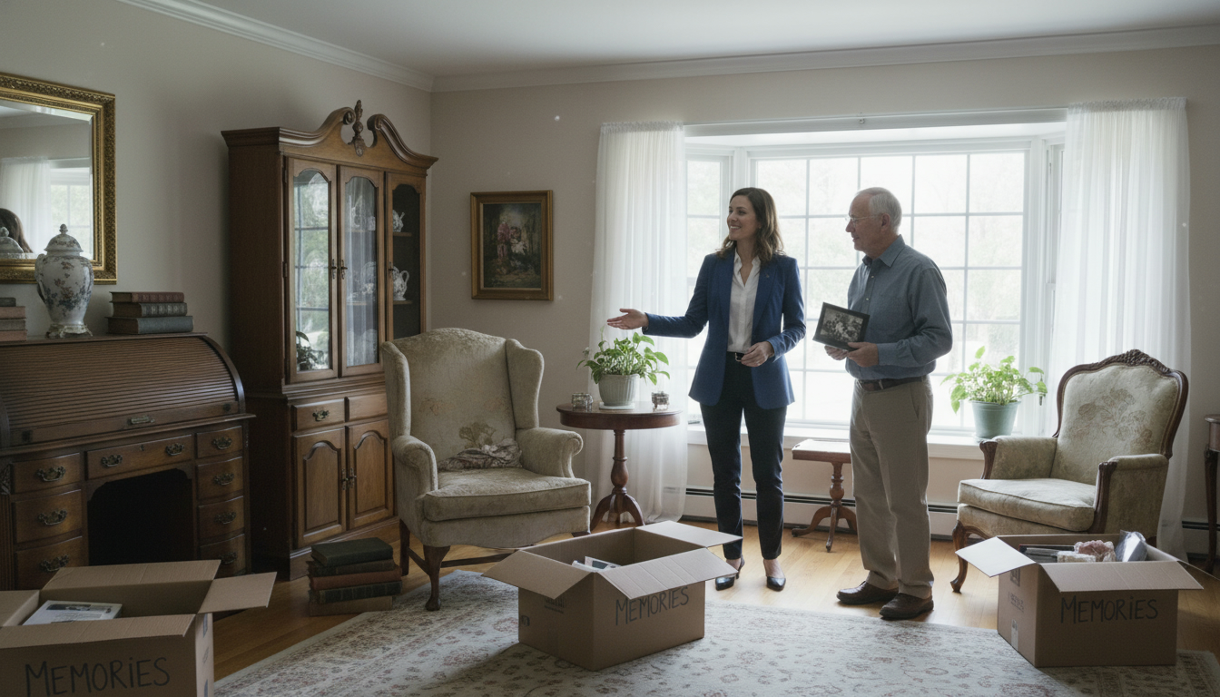 Realtor discussing sale with family in a Milton home with antique furniture and moving boxes