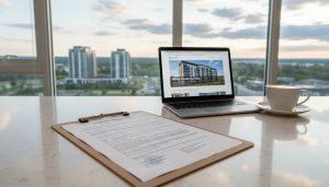 Condo status certificate on clipboard in a modern Milton condo with skyline view and laptop