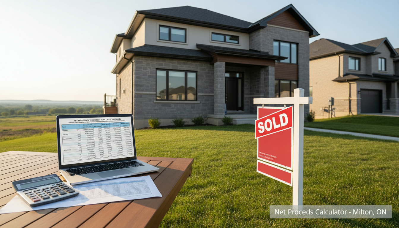 Sold house in Milton ON with calculator and net proceeds worksheet on a table representing home sale calculations