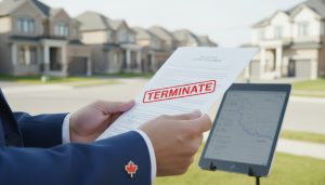 Hands stamping 'TERMINATE' on a real estate agreement with Milton, Ontario houses blurred in background