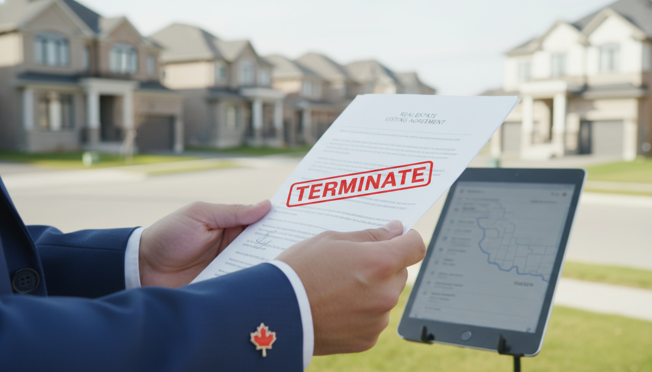 Hands stamping 'TERMINATE' on a real estate agreement with Milton, Ontario houses blurred in background