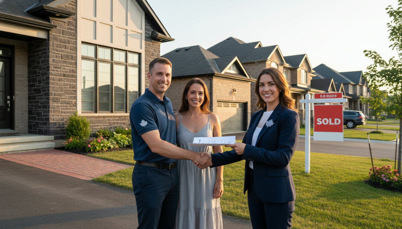 Realtor handing signed contract to homeowners in front of a sold home in Milton, Ontario