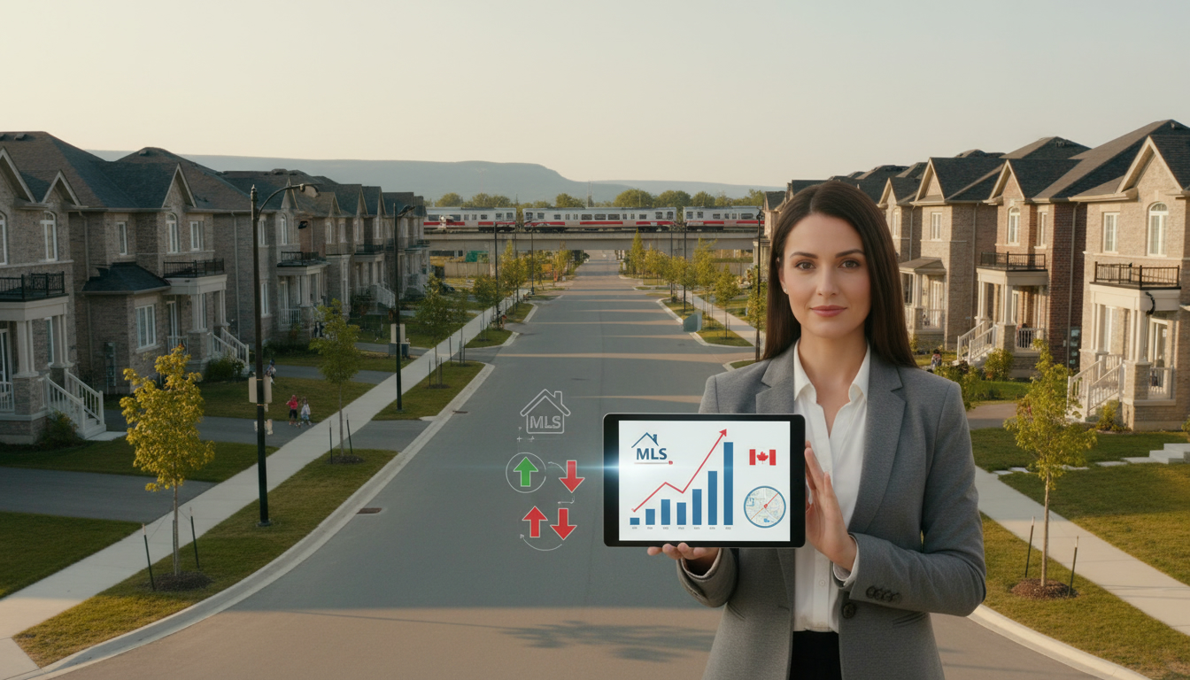 Milton real estate agent reviewing market trend graphs on a tablet in a modern Milton neighborhood with GO Transit visible