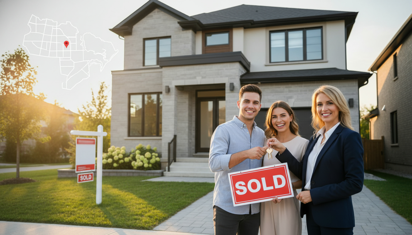 Real estate agent handing keys to buyers in front of a Milton, Ontario home with a Sold sign