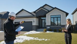 Home inspector and realtor reviewing checklist in front of a suburban Milton Ontario house