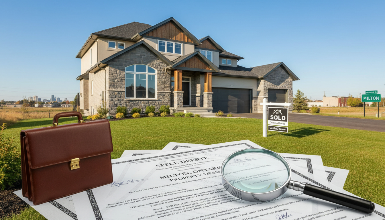 Milton house with title deed and magnifying glass representing pre-closing title review