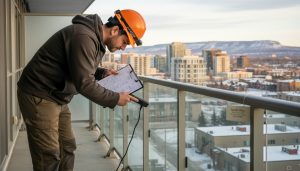 Inspector with clipboard checking a condo balcony in Milton, Ontario with skyline in background