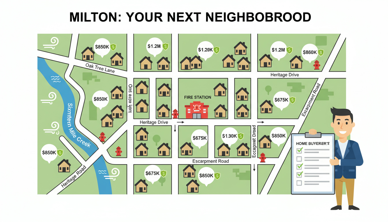 Map of Milton ON neighborhood with houses, insurance price tags, flood and fire icons, and a realtor holding a checklist.