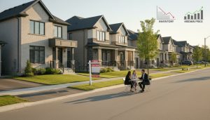 Milton Ontario street with sold and for sale signs, data overlays showing market trends