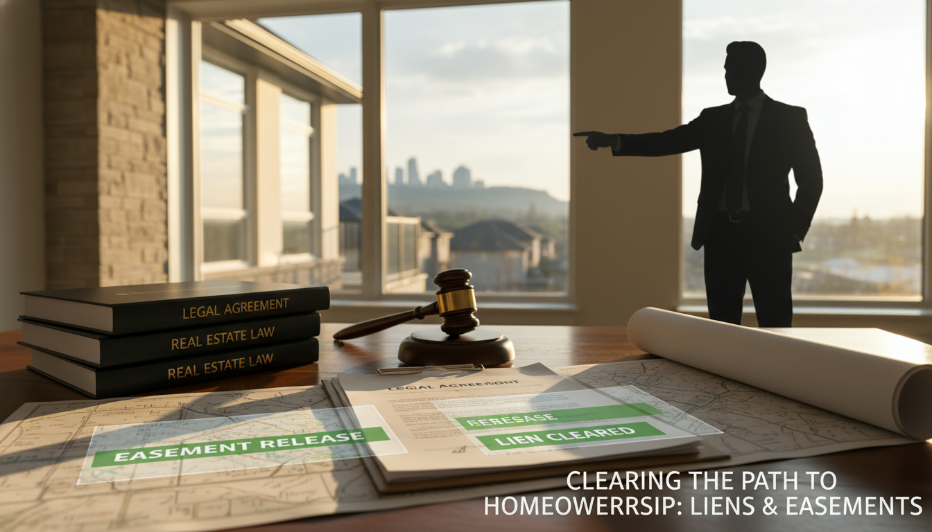 Milton Ontario house with legal documents, gavel, and land title map overlay representing challenging a lien or easement