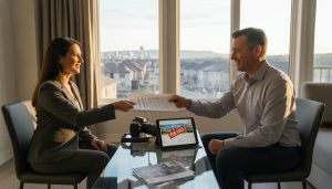 Real estate agent handing seller's representation agreement to homeowner in Milton, ON with MLS tablet visible