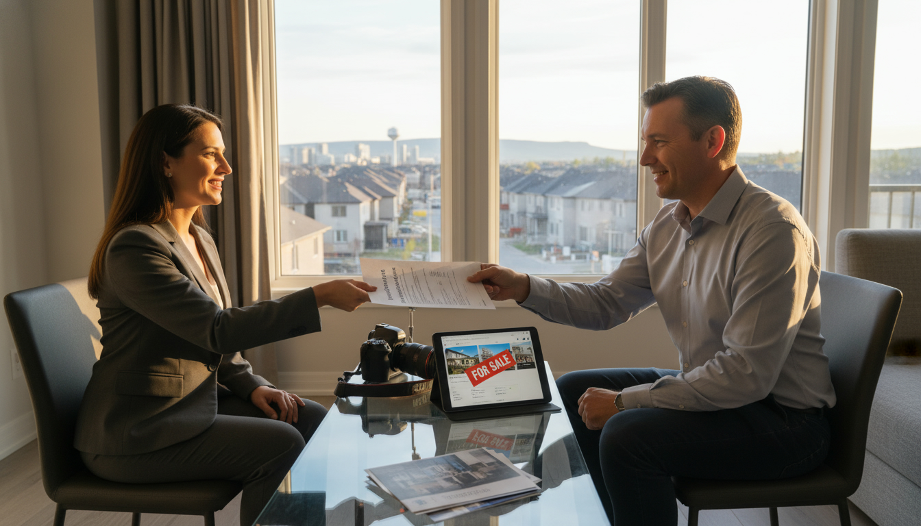 Real estate agent handing seller's representation agreement to homeowner in Milton, ON with MLS tablet visible