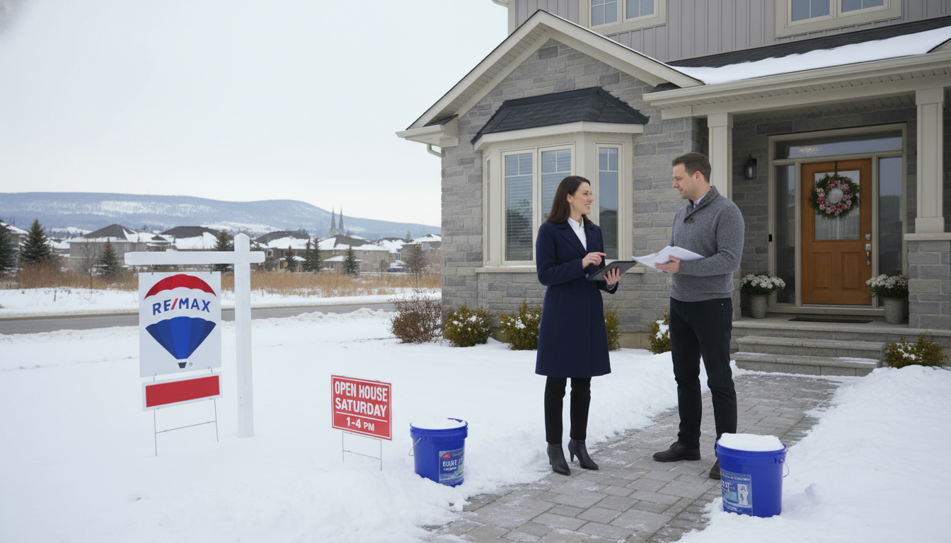 Realtor advising homeowner outside Milton, Ontario house during open house with escarpment in background