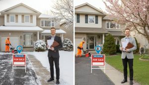 Suburban Milton Ontario home for sale with agent holding insurance documents on a clear day