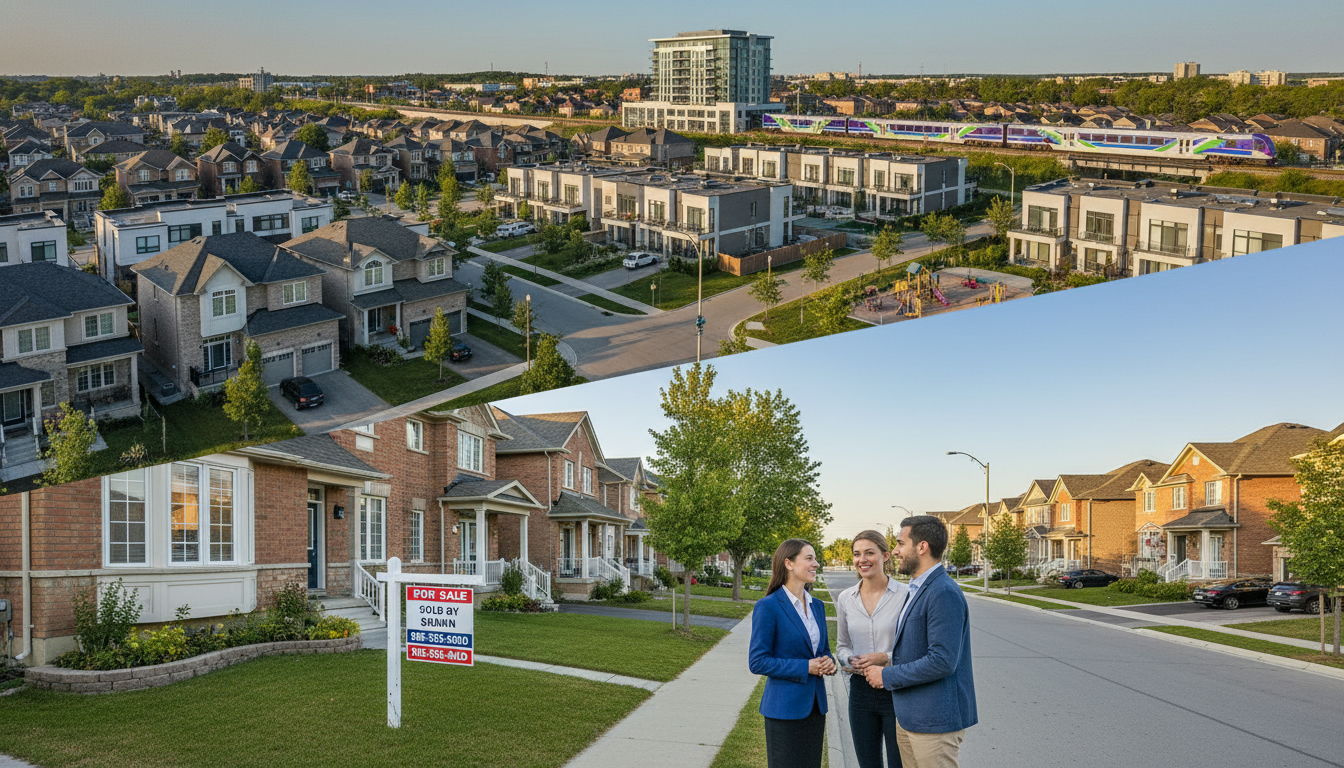 Milton neighbourhood showing detached homes, townhouses and a condominium building with a For Sale sign.