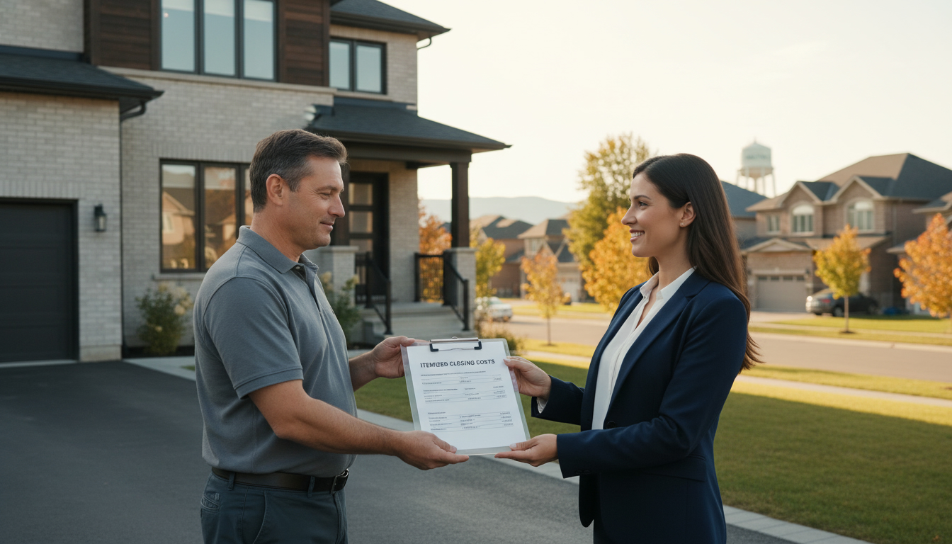 Real estate agent giving an itemized closing costs checklist to a homeowner in front of a Milton, Ontario house