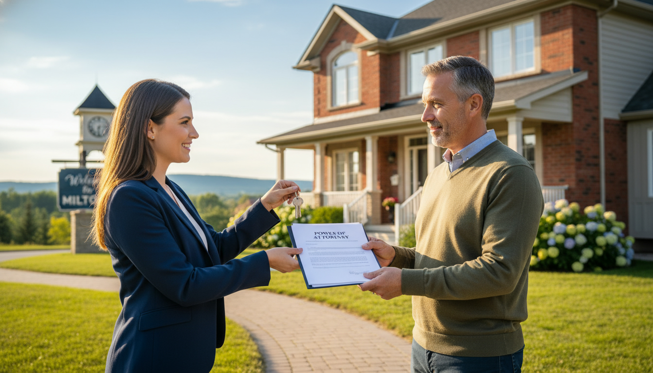 Real estate agent handing keys and power of attorney documents in front of a suburban Milton Ontario home