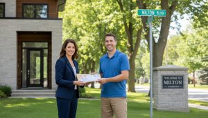 Realtor handing a homeowner mail outside a suburban Milton, Ontario house to illustrate mail handling after moving
