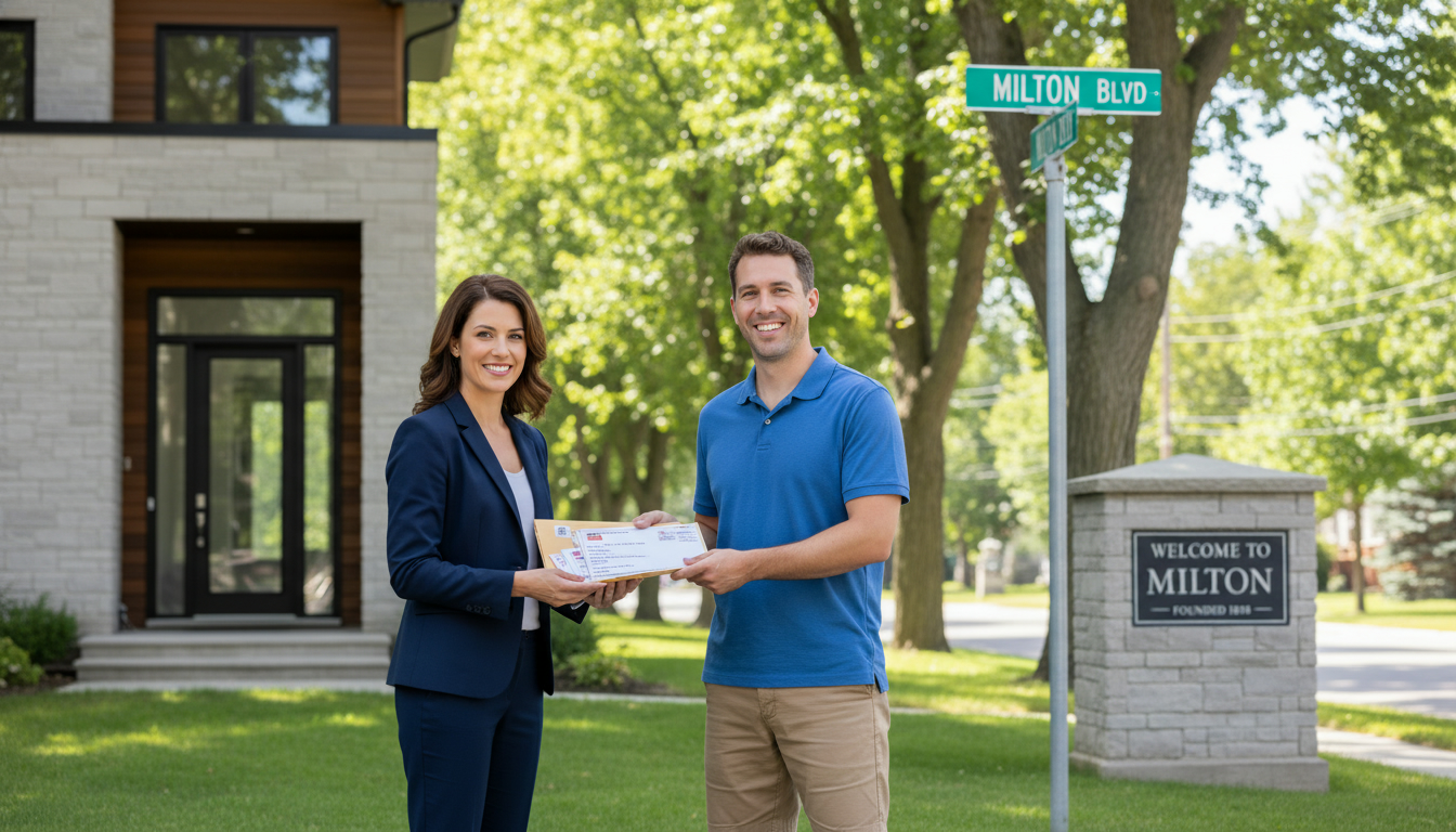Realtor handing a homeowner mail outside a suburban Milton, Ontario house to illustrate mail handling after moving