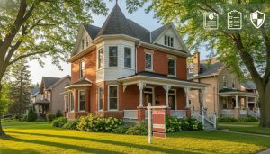 Older Victorian home in Milton Ontario with For Sale sign and overlay icons for insurance documents and checklist