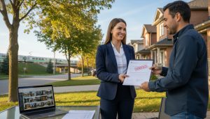 Real estate agent showing verified MLS comps and seller net sheet to homeowner outside a Milton, Ontario house