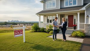 Adult children and realtor outside a Milton, Ontario home with a For Sale sign, handing over documents.