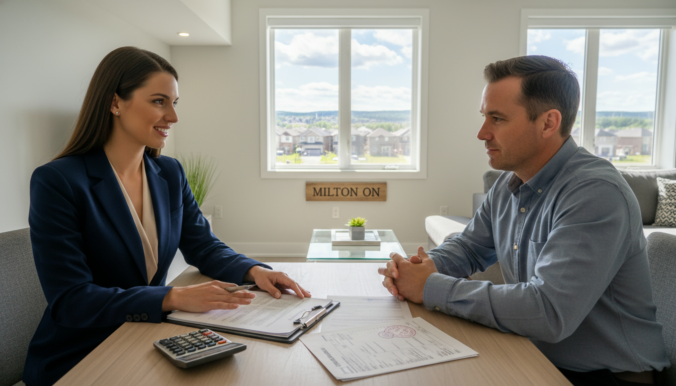 Realtor advising homeowner about renting a basement suite in Milton, Ontario with tax forms and lease on table