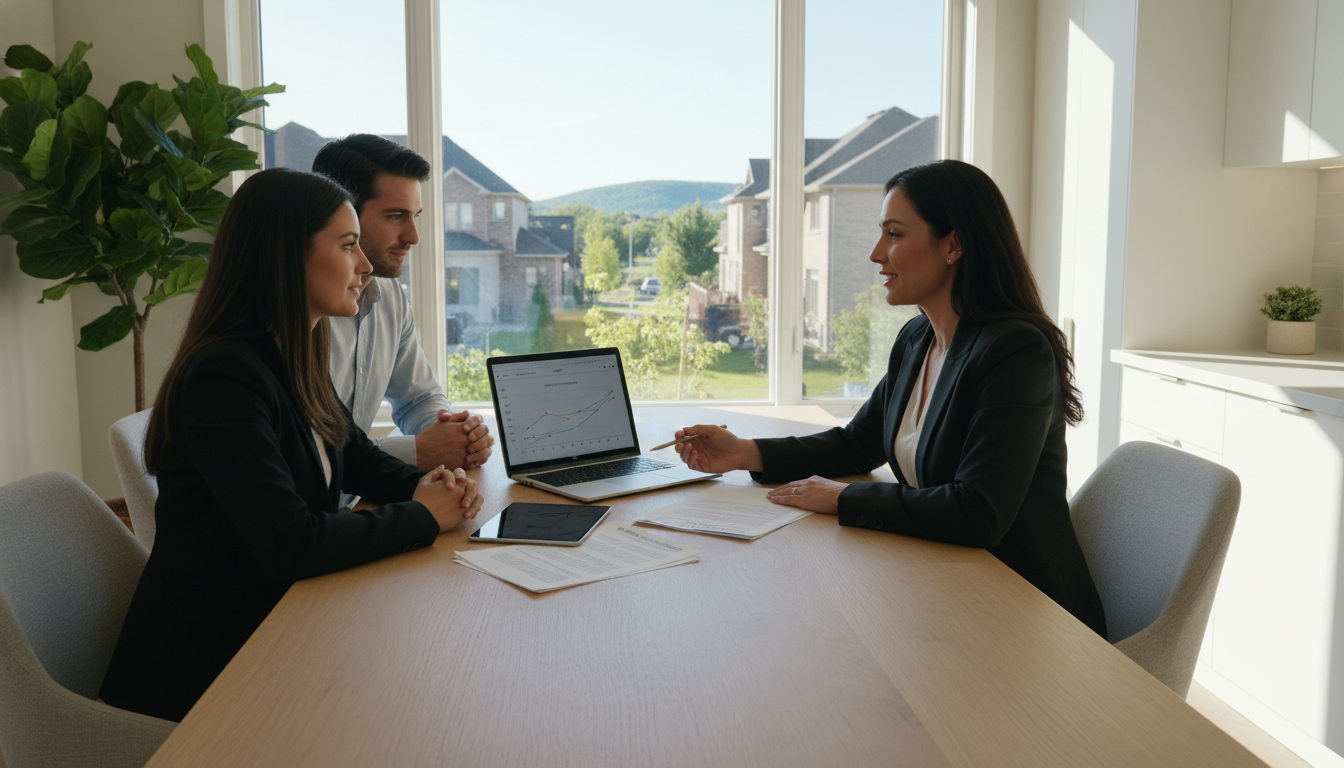 Realtor negotiating a home offer with sellers in a modern Milton, Ontario kitchen.