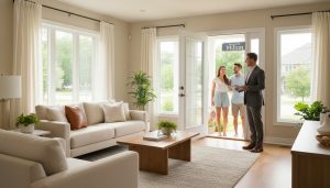 Staged Milton home interior with realtor greeting buyers during midday showing