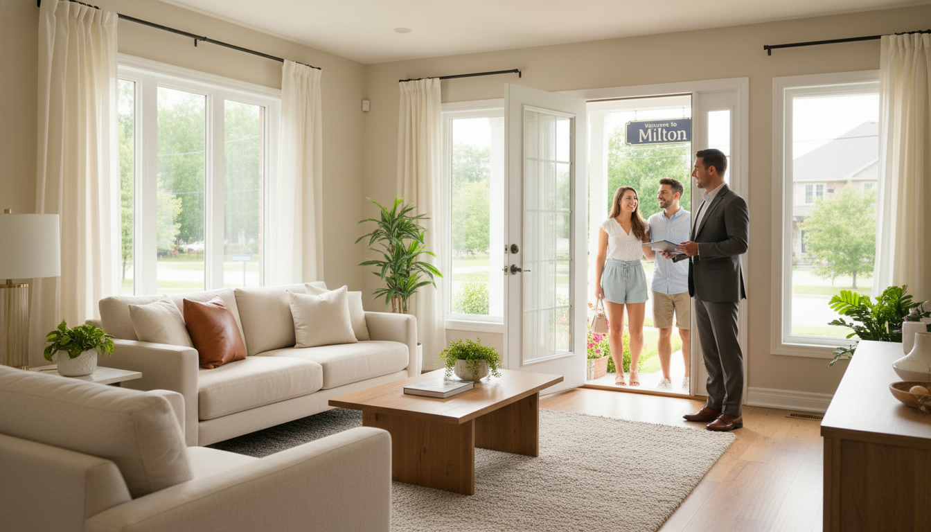 Staged Milton home interior with realtor greeting buyers during midday showing
