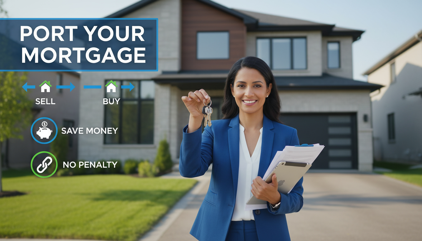 Realtor handing keys in front of a modern Milton Ontario home with infographic overlay about porting a mortgage