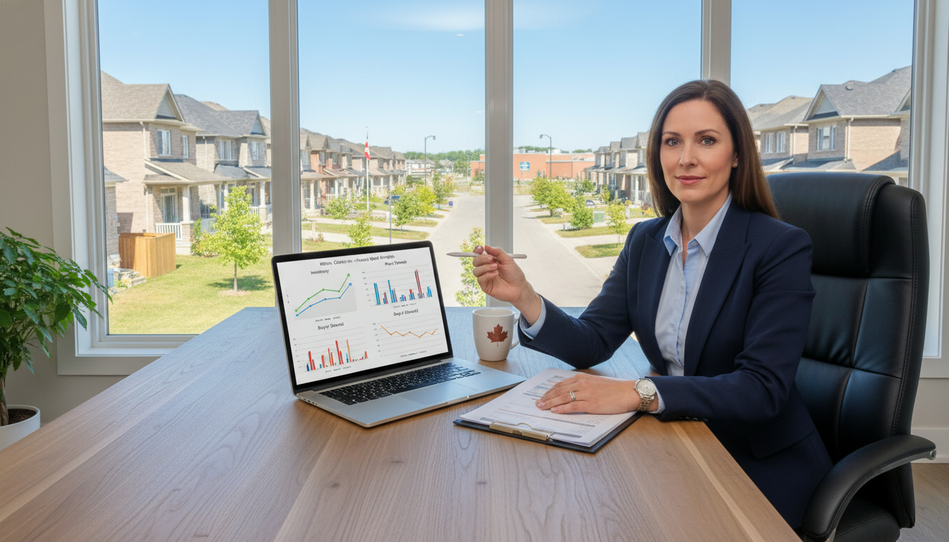 Realtor reviewing Milton, Ontario housing market charts and graphs in a modern office