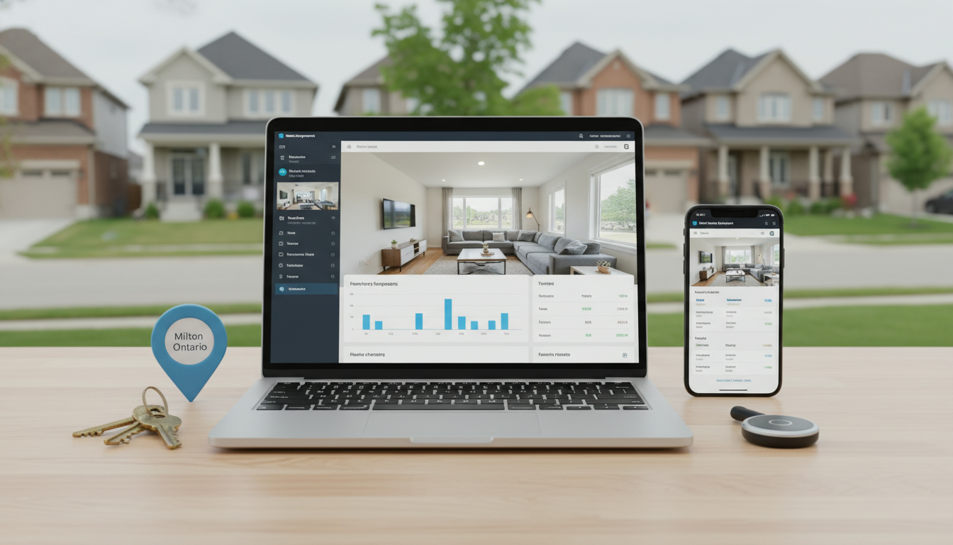 Remote landlord managing rental property with laptop, smartphone, and Milton, Ontario map marker on desk; suburban houses blurred in background.