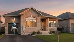Suburban Milton house with utility meter, mailbox, and Wi-Fi router icon overlay