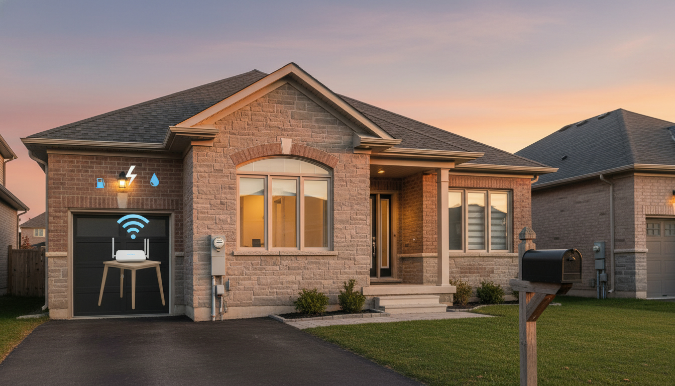 Suburban Milton house with utility meter, mailbox, and Wi-Fi router icon overlay