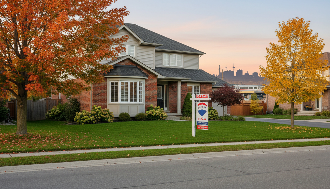 Suburban Milton house with a professional 'For Sale' lawn sign featuring a QR code in front yard