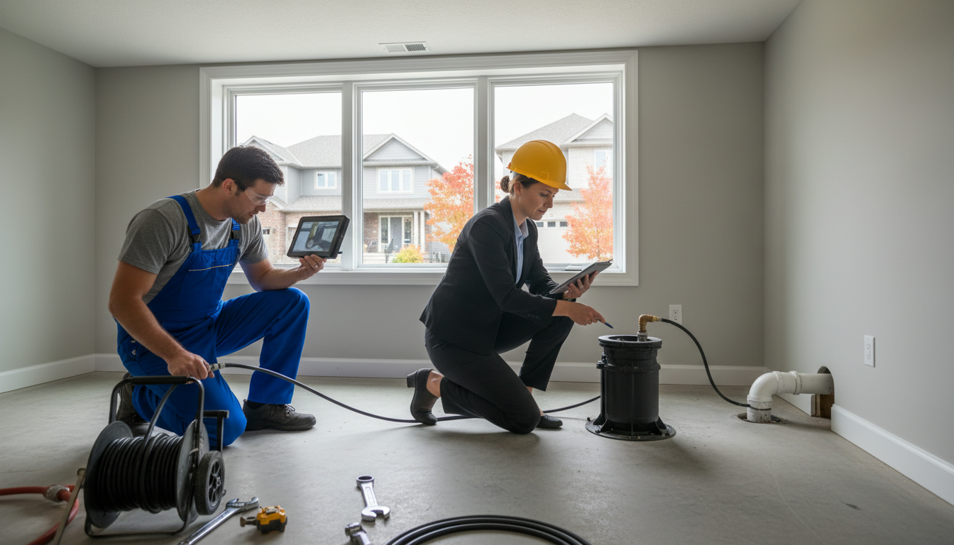 Realtor and plumber inspecting basement sump pump and running a sewer camera in a Milton, Ontario home
