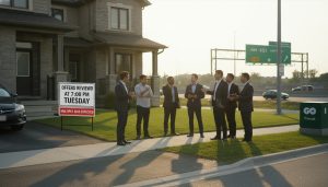 Milton suburban home with 'Offers Reviewed At' sign and buyers outside near GO Transit reference.