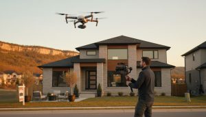 Real estate videographer filming a suburban Milton, Ontario home with drone overhead at golden hour.