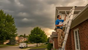 Home inspector checking roof with infrared camera and clipboard at a suburban Milton house