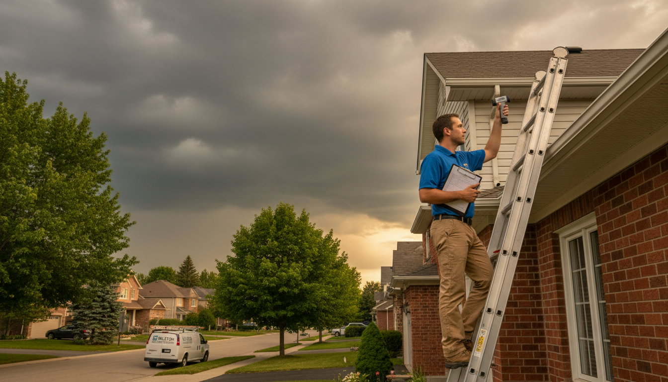 Home inspector checking roof with infrared camera and clipboard at a suburban Milton house