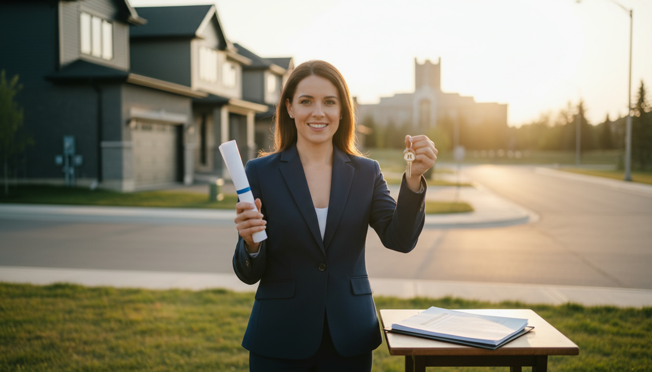 Lawyer holding contract and key in front of a Milton, Ontario home with 'Holdback Agreement' documents visible